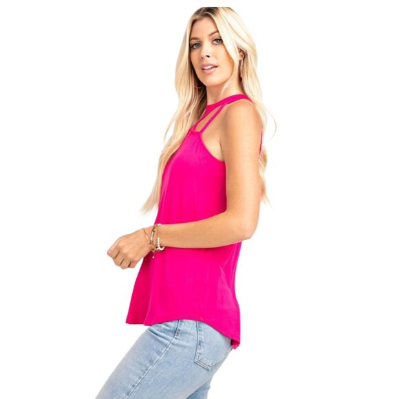 143 Story Fuchsia Pink Edgy Cut Out Strappy Sleeveless Bamboo Tank Top - Picture 6 of 6